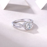 S925 Silver Moissanite Wedding Ring with Halo and Split Shank Design