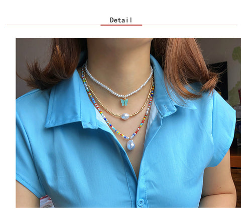 White Pearl Choker Necklace with Butterfly Charm for Women
