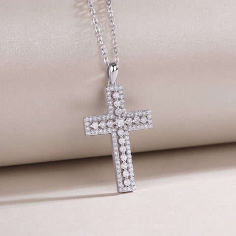 S925 Sterling Silver Cross Pendant Necklace with Moissanite Accent