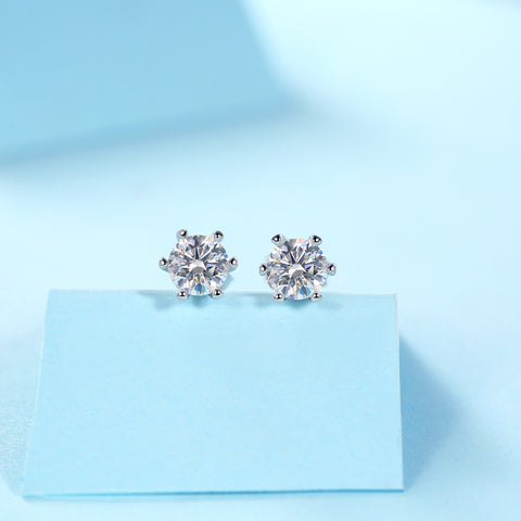 Classic Six-Prong Moissanite Silver Stud Earrings Elegant Luxury Fine Jewelry