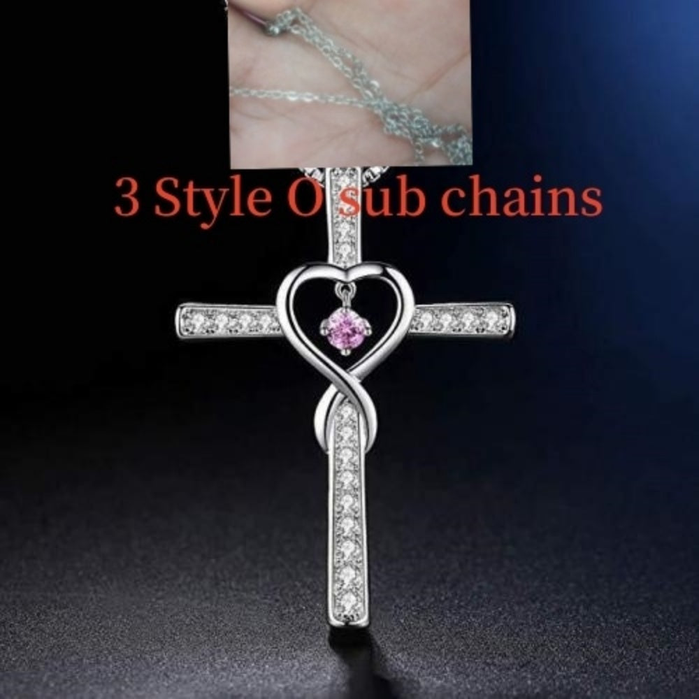 Gold Plated Christian Cross Pendant Necklace with Birthstone Crystal
