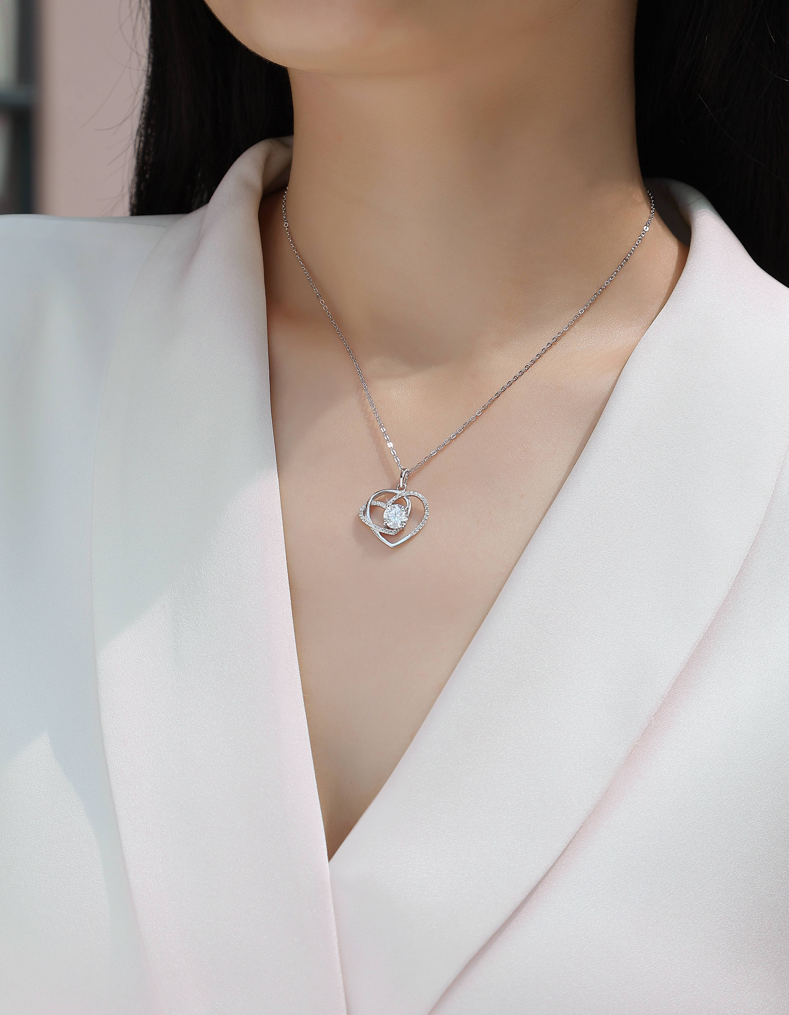 1-Carat Moissanite Heart Pendant Necklace in S925 Sterling Silver with Platinum Plating