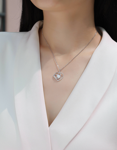 1-Carat Moissanite Heart Pendant Necklace in S925 Sterling Silver with Platinum Plating