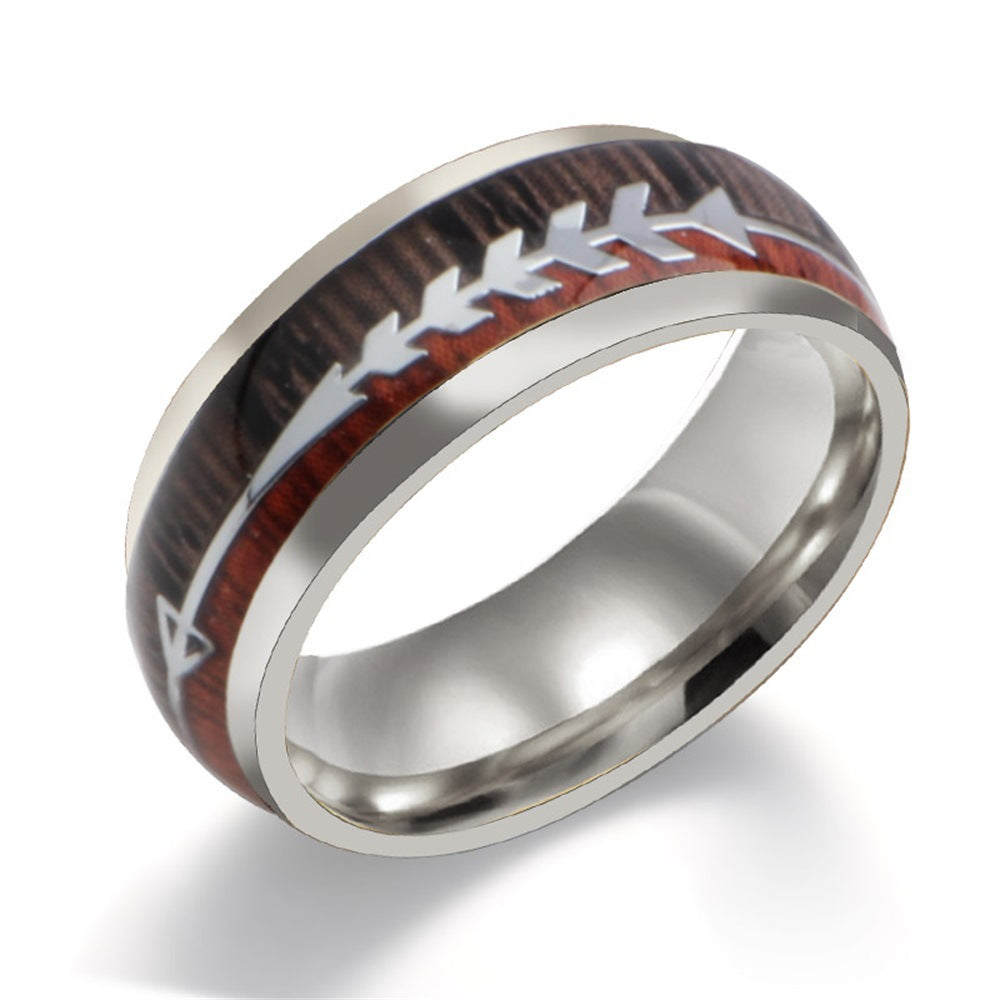 Men's Stainless Steel Ring with Wood Grain Arrow Inlay