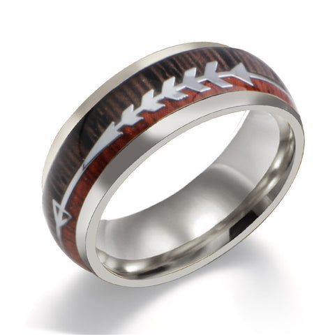 Men's Stainless Steel Ring with Wood Grain Arrow Inlay