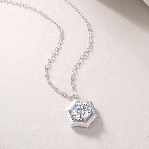 1-Carat Moissanite Hexagon Pendant Necklace in S925 Sterling Silver