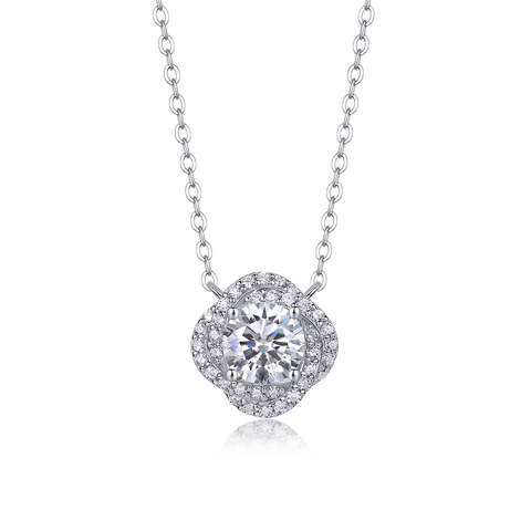 1Lucky Flower Moissanite Pendant Set in S925 Sterling Silver with Platinum Plating