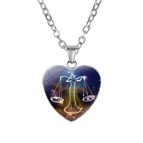 Womens Zodiac Heart Pendant Necklace with 12 Constellations