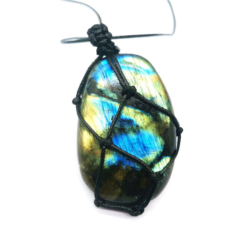 Natural Labradorite Pendant Necklace with Hand-Woven Net Design