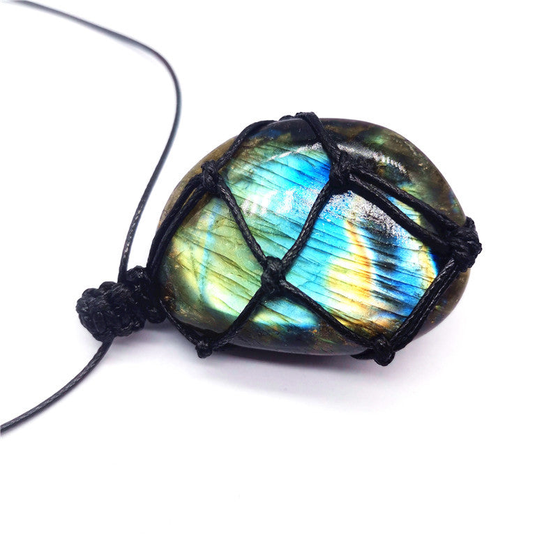 Natural Labradorite Pendant Necklace with Hand-Woven Net Design
