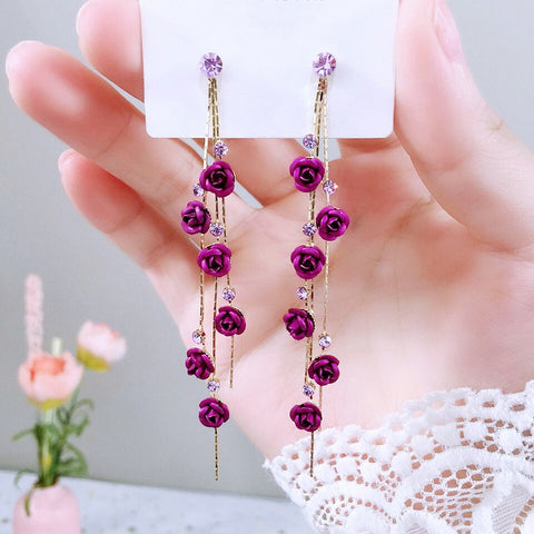 Red Rose Tassel Long Earrings with Rhinestone Accents