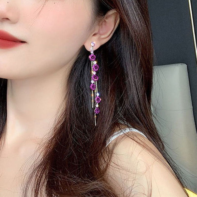 Red Rose Tassel Long Earrings with Rhinestone Accents