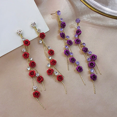 Red Rose Tassel Long Earrings with Rhinestone Accents
