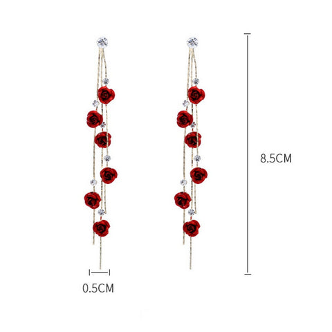 Red Rose Tassel Long Earrings with Rhinestone Accents