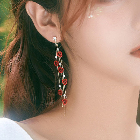 Red Rose Tassel Long Earrings with Rhinestone Accents