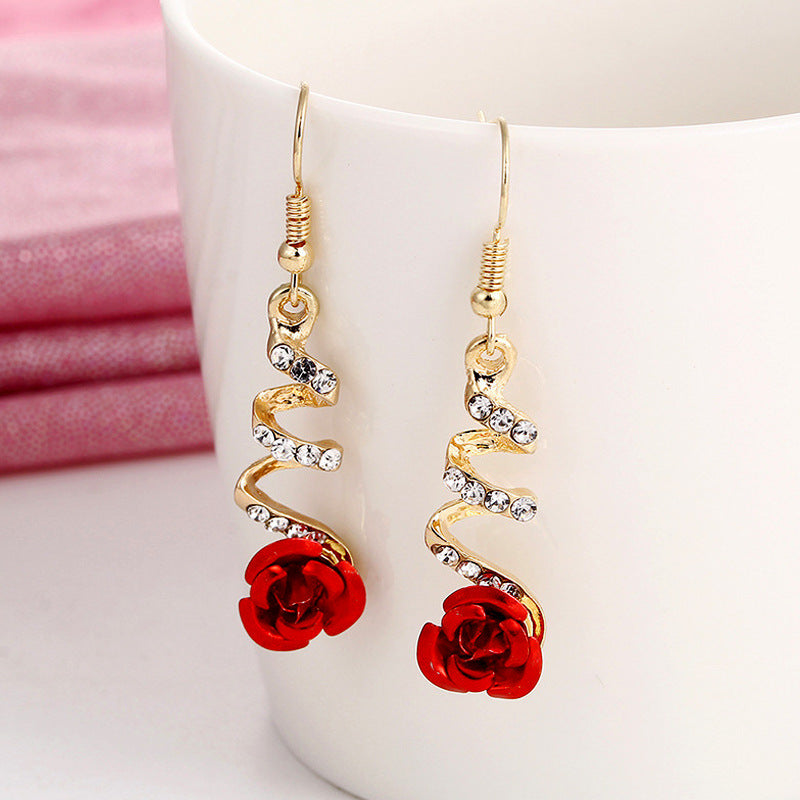 Red Rose Tassel Long Earrings with Rhinestone Accents