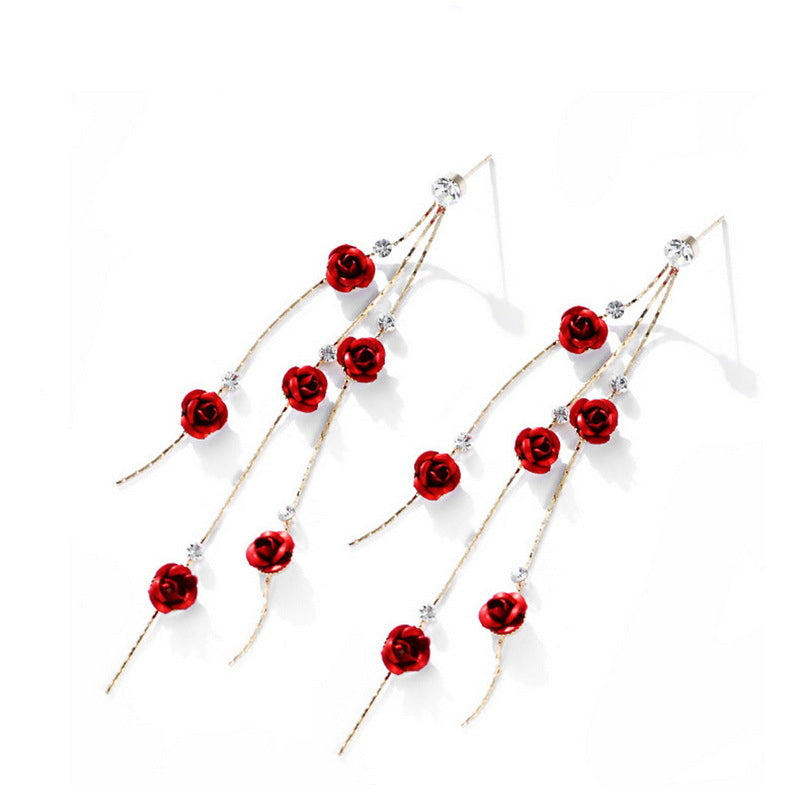 Red Rose Tassel Long Earrings with Rhinestone Accents