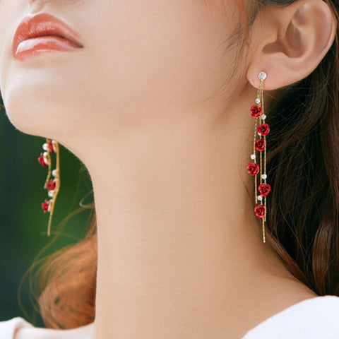 Red Rose Tassel Long Earrings with Rhinestone Accents