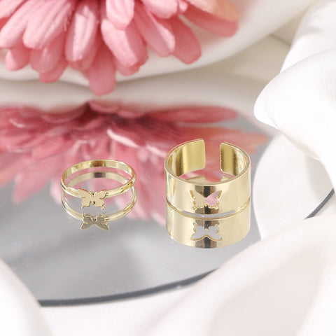 Butterfly 2-Piece Adjustable Ring Set in Gold and Silver
