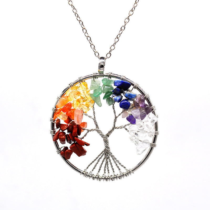 Kabala Life Tree Copper Wire Necklace with Natural Stone Pendant