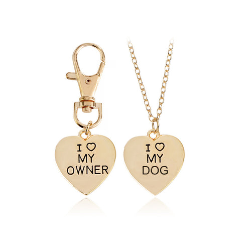 I Love My Dog and Owner Heart Necklace and Keychain Set