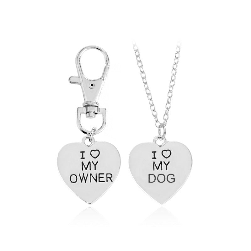 I Love My Dog and Owner Heart Necklace and Keychain Set