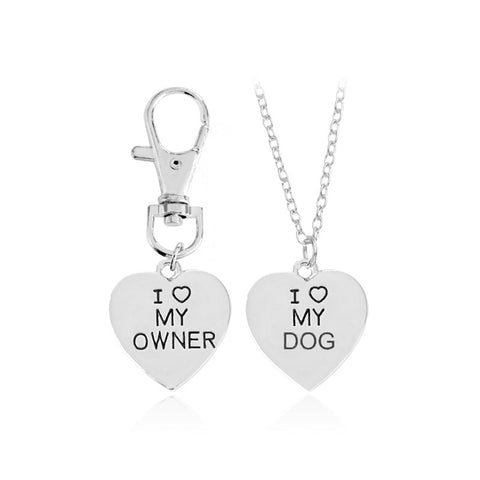I Love My Dog and Owner Heart Necklace and Keychain Set
