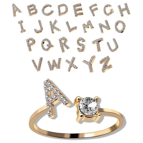 Adjustable Initial Letter Ring with Cubic Zirconia for Women