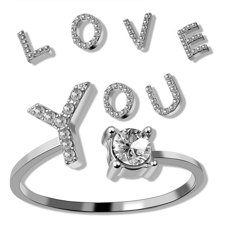 Adjustable Initial Letter Ring with Cubic Zirconia for Women - 3