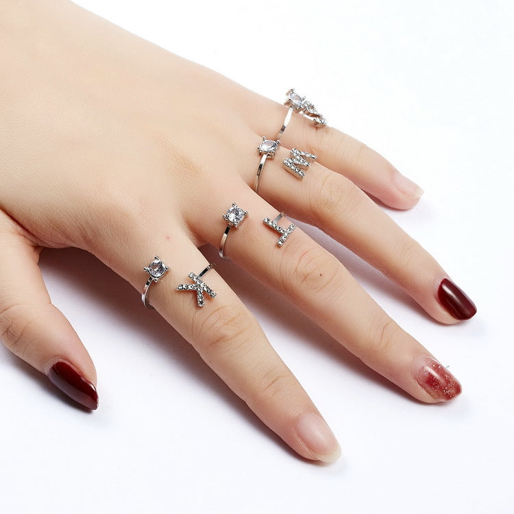 Adjustable Initial Letter Ring with Cubic Zirconia for Women