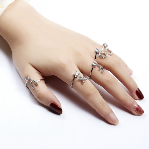 Adjustable Initial Letter Ring with Cubic Zirconia for Women