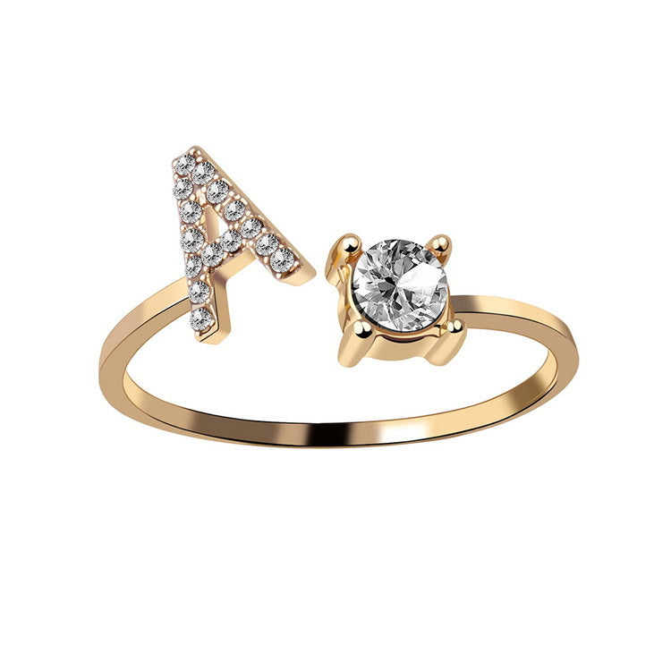 Adjustable Initial Letter Ring with Cubic Zirconia for Women - 11
