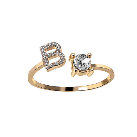 Adjustable Initial Letter Ring with Cubic Zirconia for Women