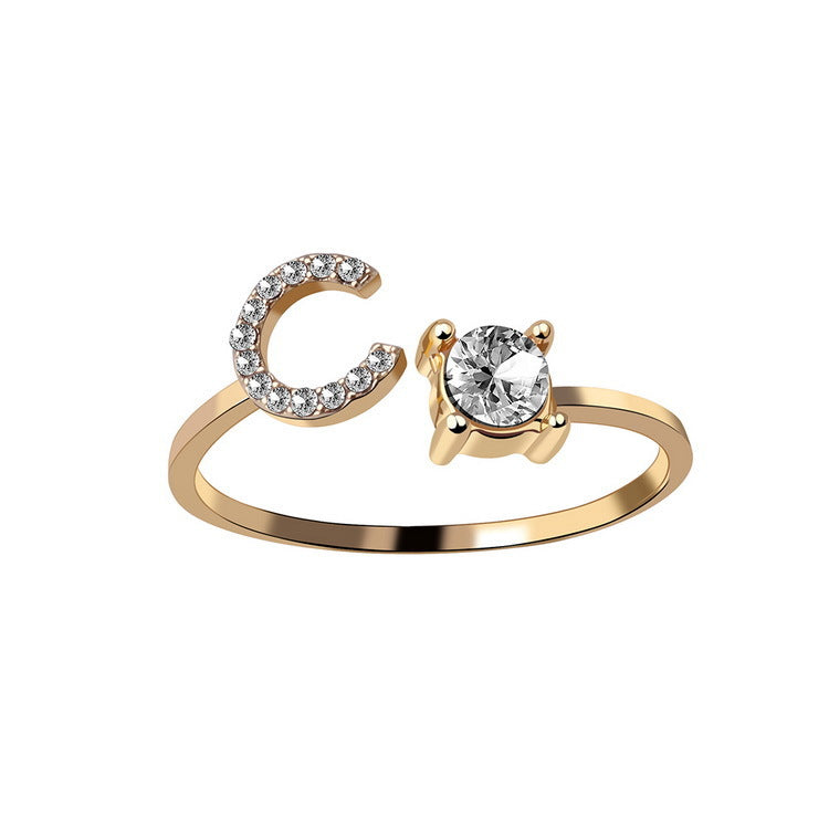 Adjustable Initial Letter Ring with Cubic Zirconia for Women - 13