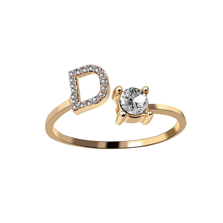 Adjustable Initial Letter Ring with Cubic Zirconia for Women