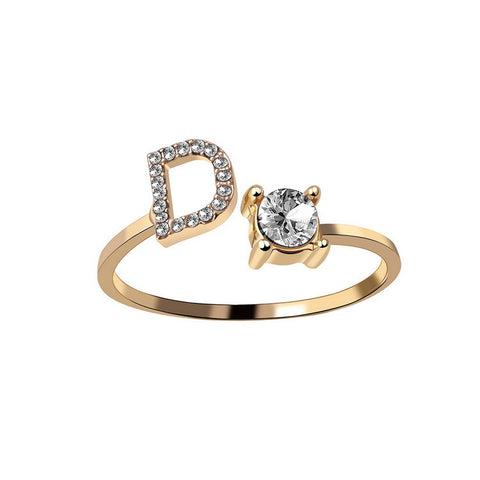 Adjustable Initial Letter Ring with Cubic Zirconia for Women
