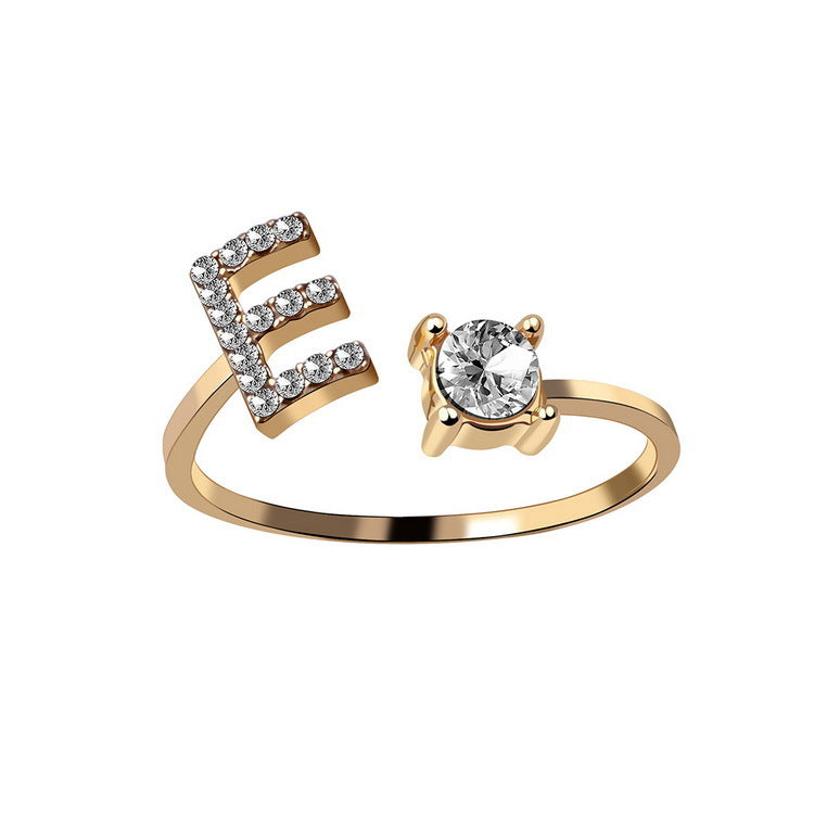 Adjustable Initial Letter Ring with Cubic Zirconia for Women