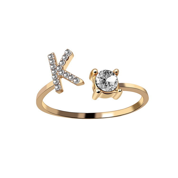 Adjustable Initial Letter Ring with Cubic Zirconia for Women