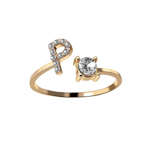 Adjustable Initial Letter Ring with Cubic Zirconia for Women