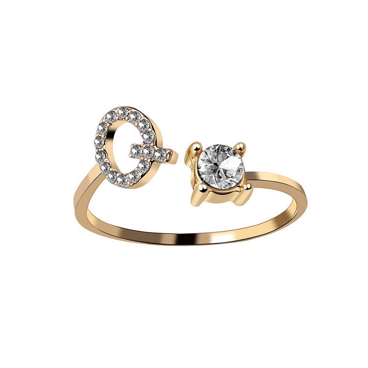 Adjustable Initial Letter Ring with Cubic Zirconia for Women