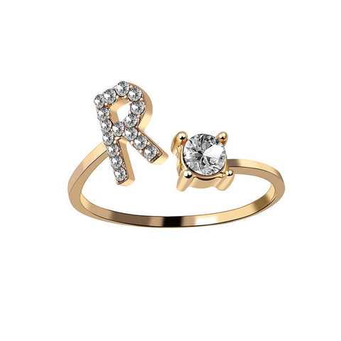 Adjustable Initial Letter Ring with Cubic Zirconia for Women