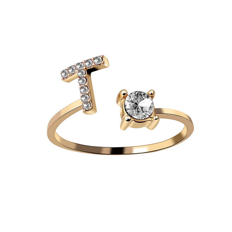 Adjustable Initial Letter Ring with Cubic Zirconia for Women