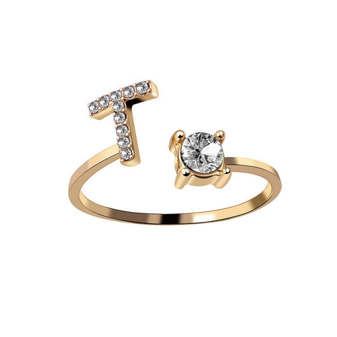 Adjustable Initial Letter Ring with Cubic Zirconia for Women