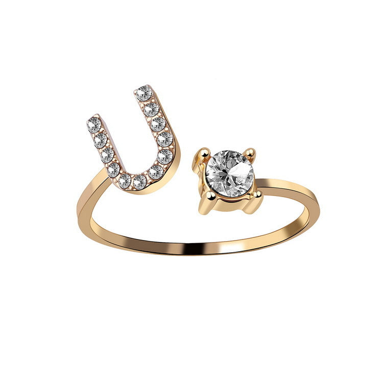 Adjustable Initial Letter Ring with Cubic Zirconia for Women