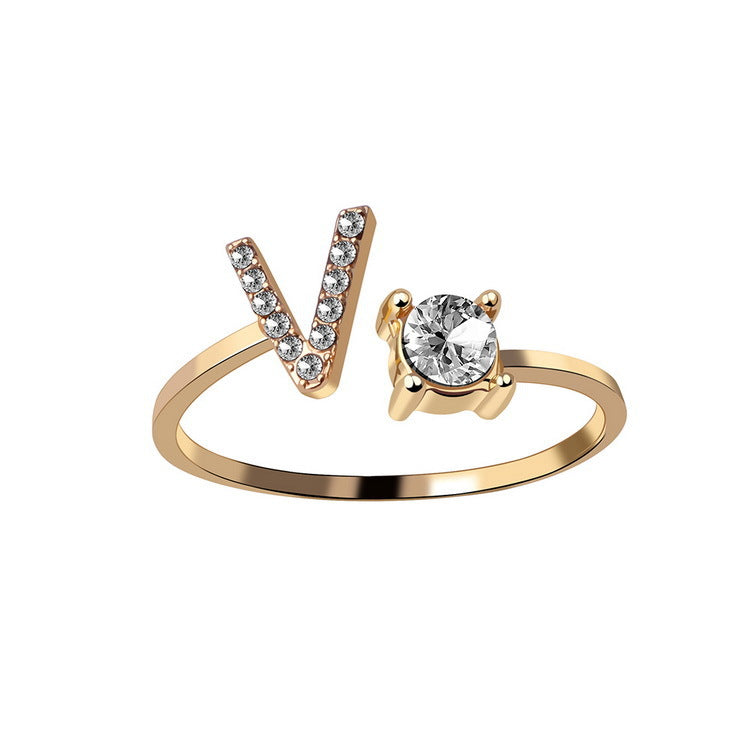Adjustable Initial Letter Ring with Cubic Zirconia for Women - 28