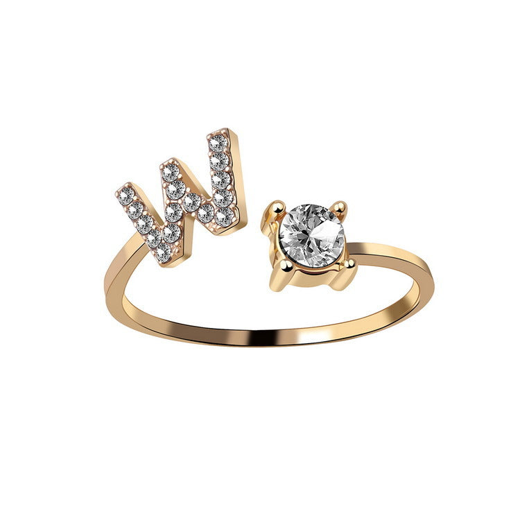 Adjustable Initial Letter Ring with Cubic Zirconia for Women