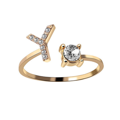 Adjustable Initial Letter Ring with Cubic Zirconia for Women