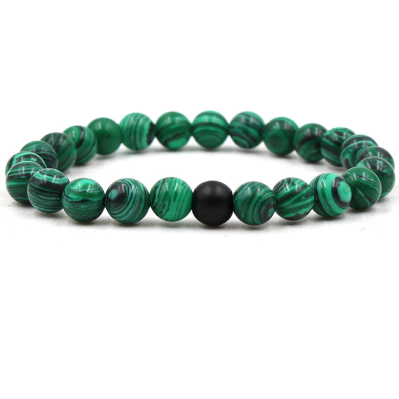 Unisex Black Matte and Green Malachite Beaded Elastic Bracelet