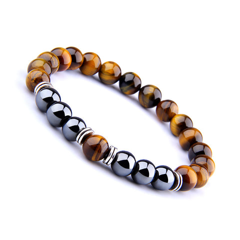 Yellow Tiger Eye and Obsidian Elastic Bracelet for Men and Women