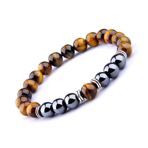 Yellow Tiger Eye and Obsidian Elastic Bracelet for Men and Women